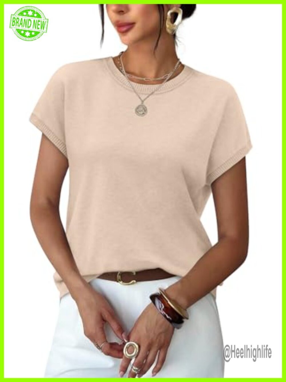 WIHOLL Short Sleeve Knit Sweater Tee Women Crew Neck Cap Sleeve Top